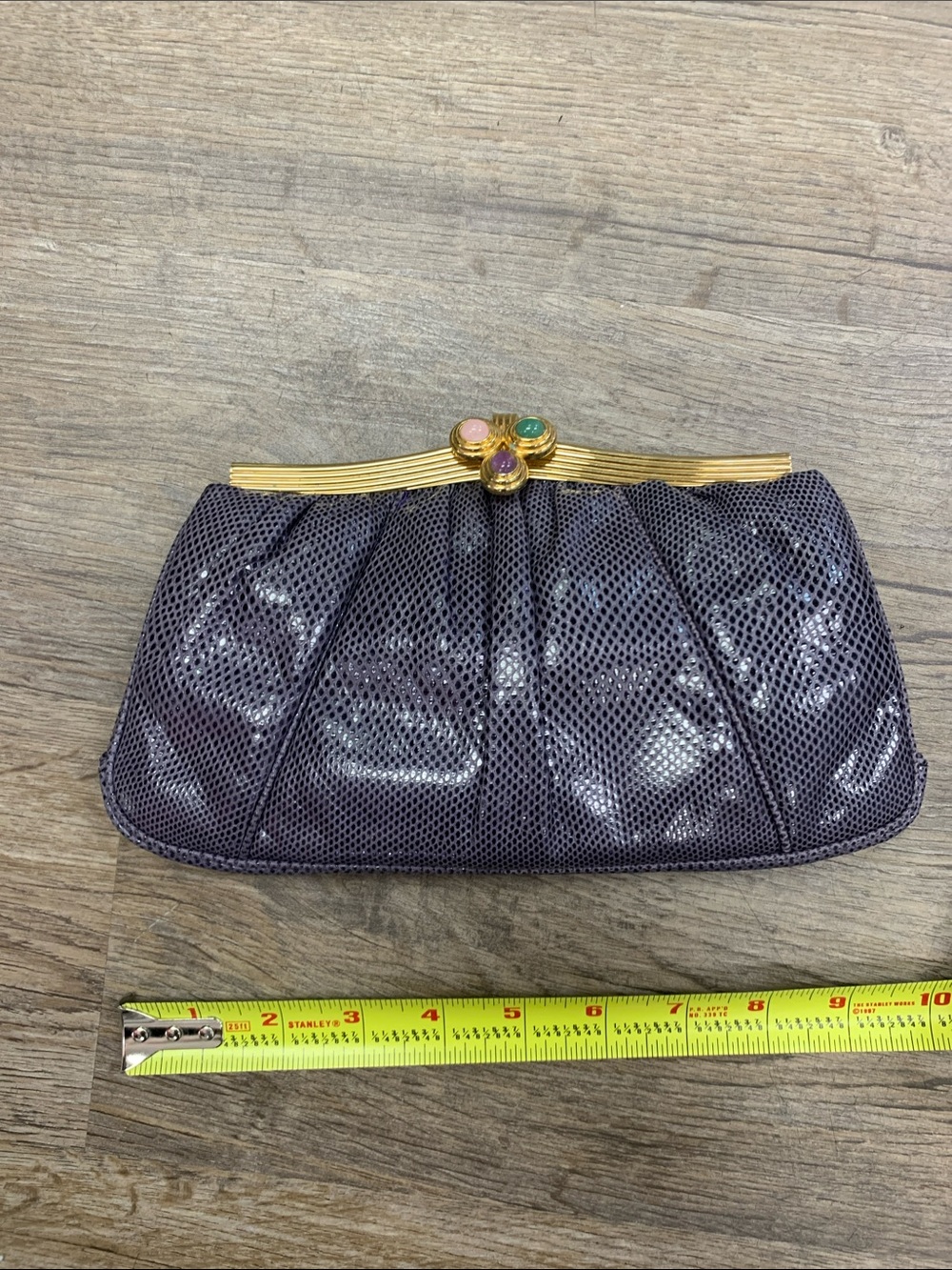 Judith Leiber Purple Snakeskin Evening Clutch with Gold Frame and Jewel Clasp